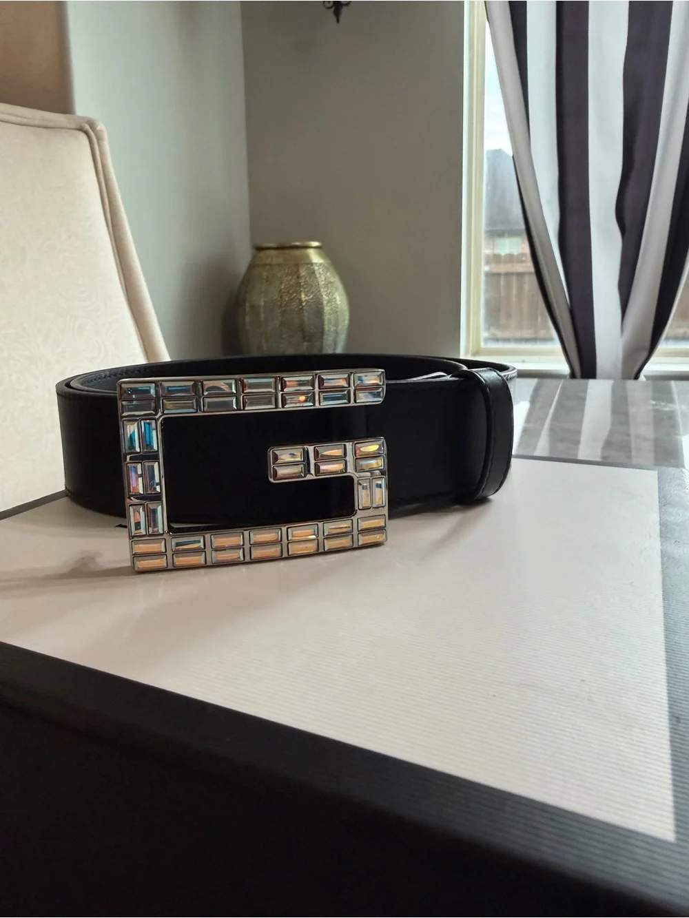 Gucci Crystal Interlocking G Leather Belt Black Size 80/32 NWT Box & Dust Bag